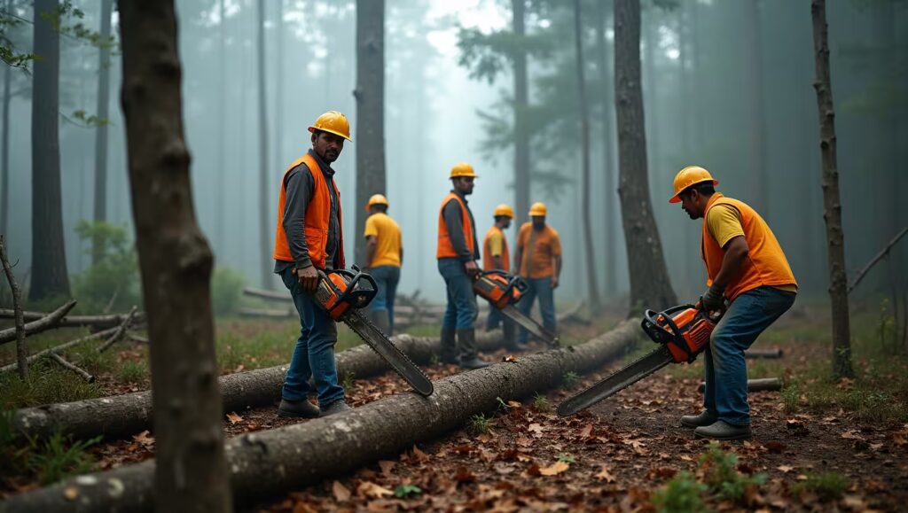 trabajadores forestales en el monte