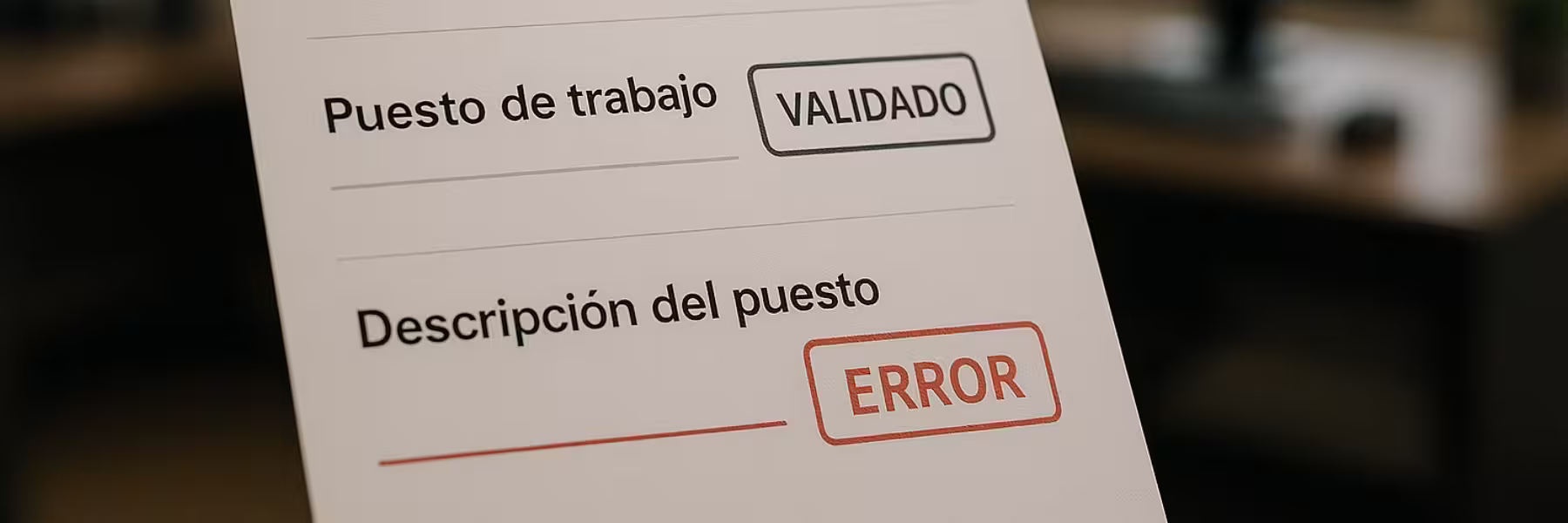 Ilustración de una oficina con un formulario digital en castellano resaltando los campos “Puesto de trabajo” y “Descripción de funciones”, con un sello de “Validado” o “Error”.