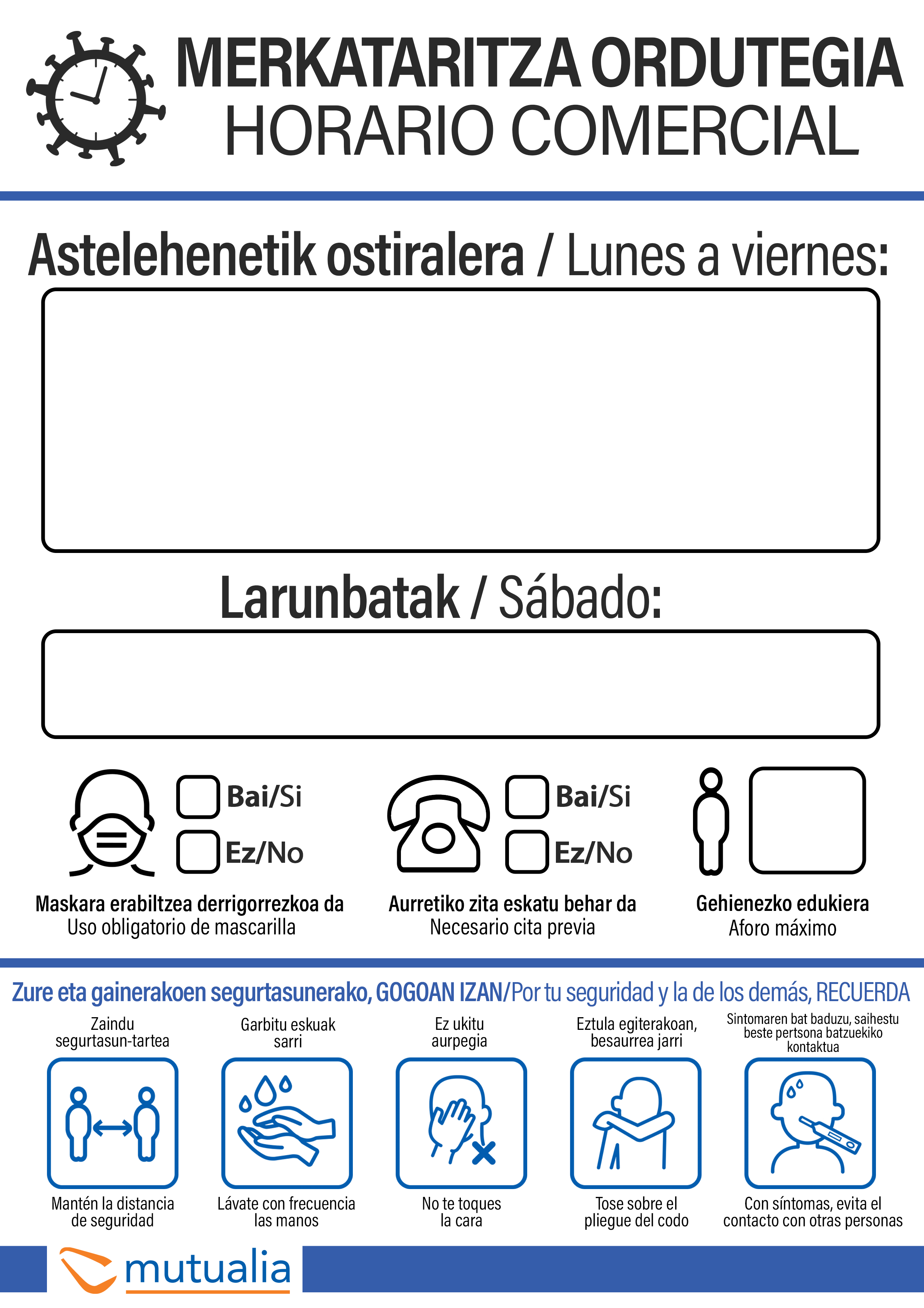 Cartel recomendaciones y horarios apertura para comercios y establecimientos.