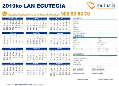 2019 lan egutegia