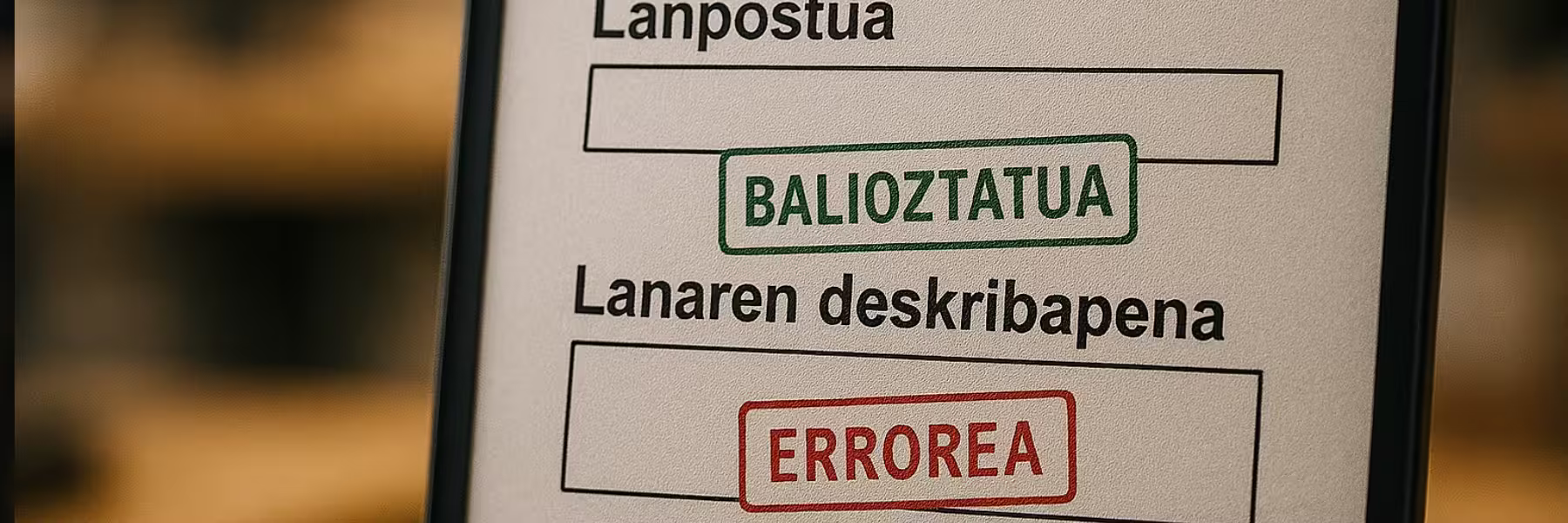 “Lanpostua” eta “Funtzioen deskribapena” eremuak nabarmenduta dituen euskarazko inprimaki digitala duen bulego baten irudia, “Baliozkotua” edo “Errorea” zigilua duena.